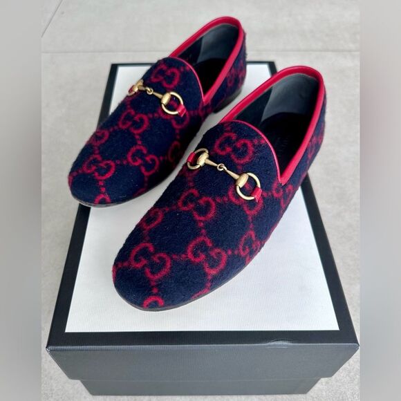GUCCI Jordaan GG Monogram Horsebit Wool Flat Loafers Navy Blue & Red EU 37 US 7 - Picture 3 of 10